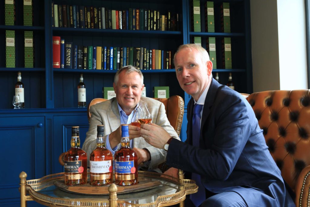 Ian Atherton, CEO Spirits Platform, and Bernard Walsh, Managing Director, Walsh Whiskey Distillery celebrate their distribution agreement. Photograph Nick Bradshaw